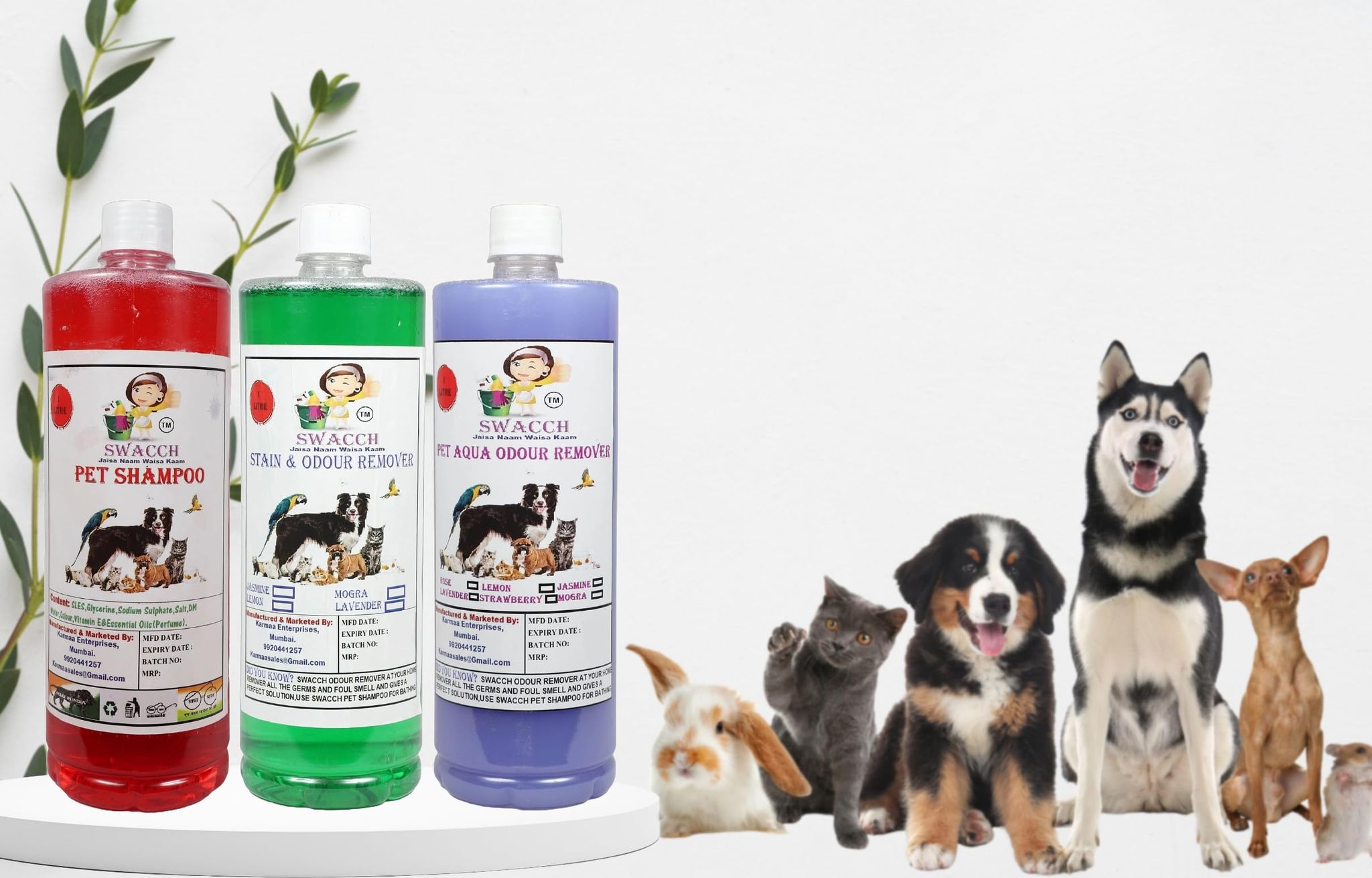 Swacch Pet Shampoo (Jasmine) + Deodorizer (Lavender) + Stain Remover (Mogra) (1 Litre) (Combo Pack of 3)