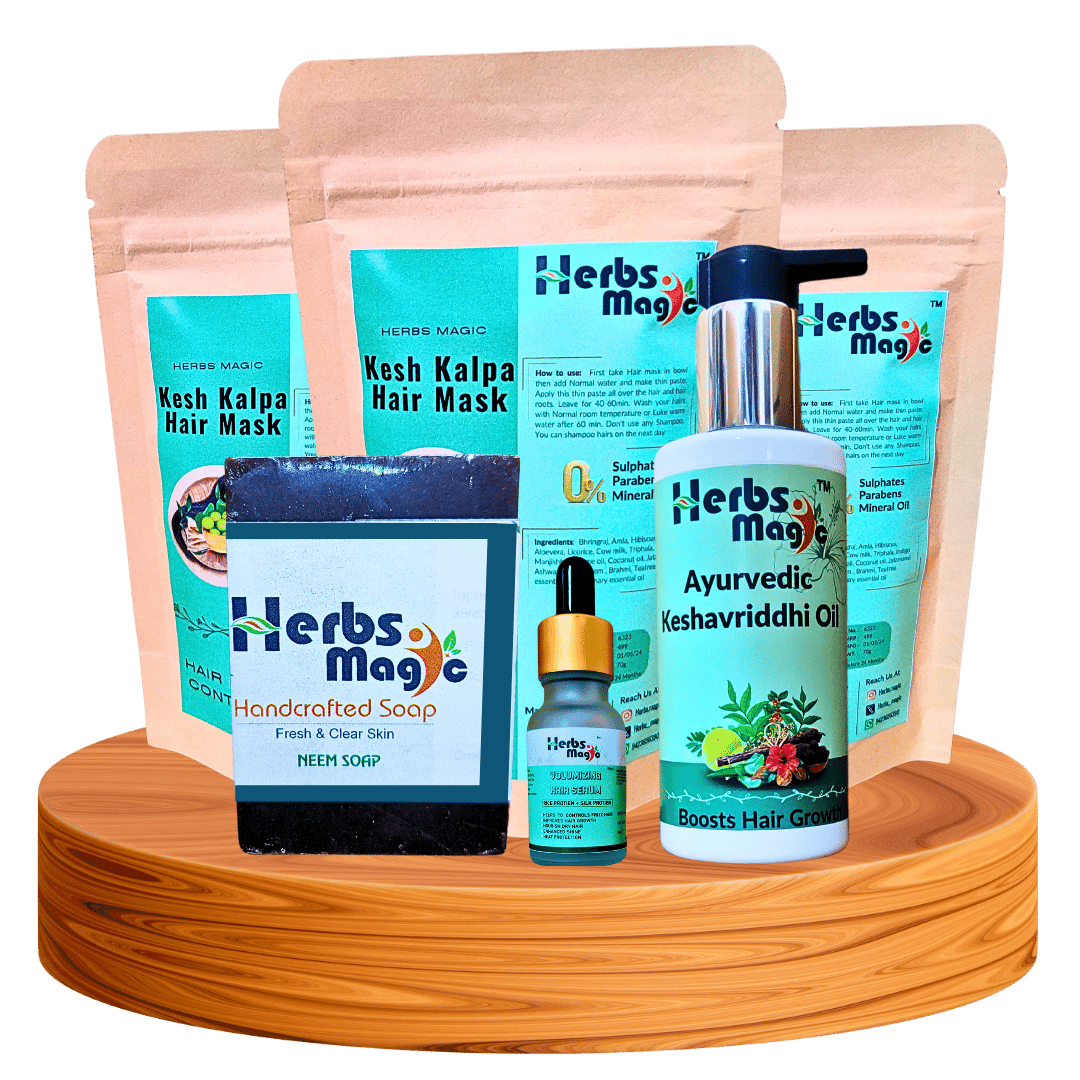 Herbs Magic Ayurvedic Hair Restoration combo | Keshavriddhi Hair Oil, 100ml, Neem Soap, 80gm, Kesh Kalpa Hair Mask, 70gm and Hair Regrowth Serum, 15ml | Complete Hair Care Combo for Reducing Hair Fall and Promoting Hair Regrowth