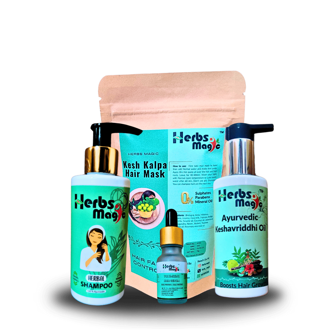 Herbs Magic Ayurvedic Hair Restoration combo | Keshavriddhi Hair Oil, 100ml, herbal shampoo, 100gm, Kesh Kalpa Hair Mask, 70gm and Hair Regrowth Serum, 15ml | Complete Hair Care Combo for Reducing Hair Fall and Promoting Hair Regrowth