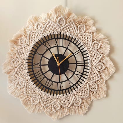 Handcrafted Wood and Macrame Artistic Wall Clock