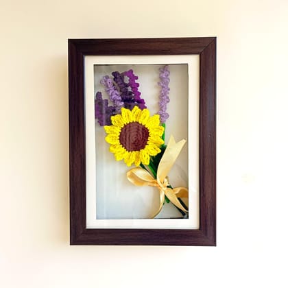 Framed Crochet Flower Bunch of 1 Sunflower and 5 Lavenders