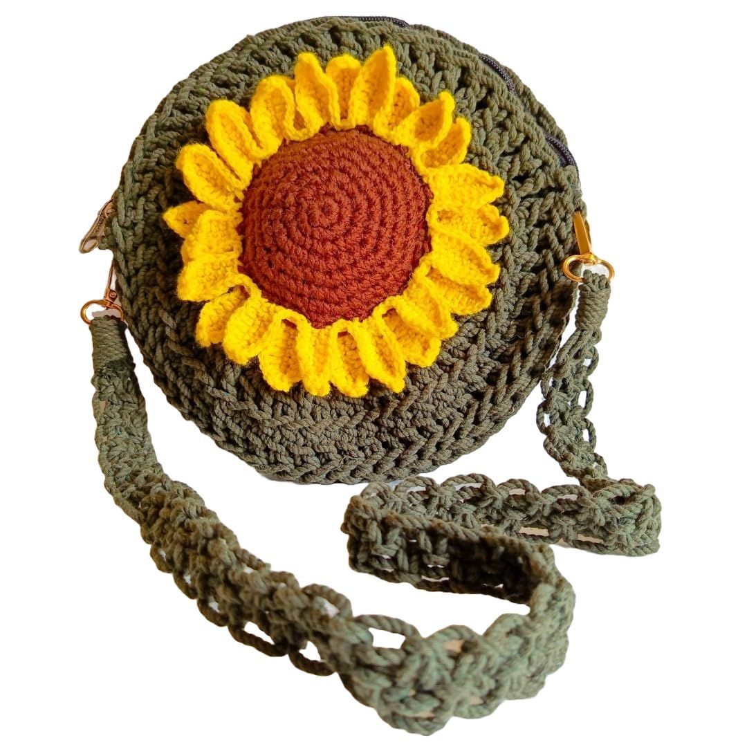 Sunflower Crochet Crossbody Macrame Handbag, 11 inch, Green, Handmade Cotton