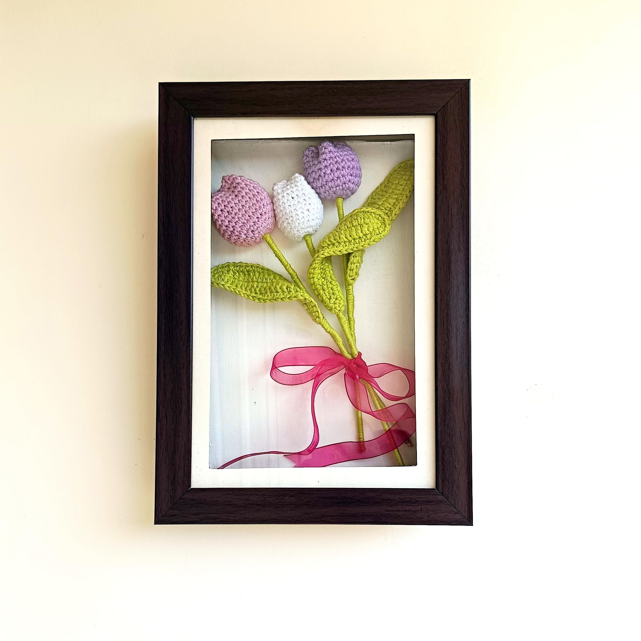 Framed Crochet Flower Bunch of 3 Tulips