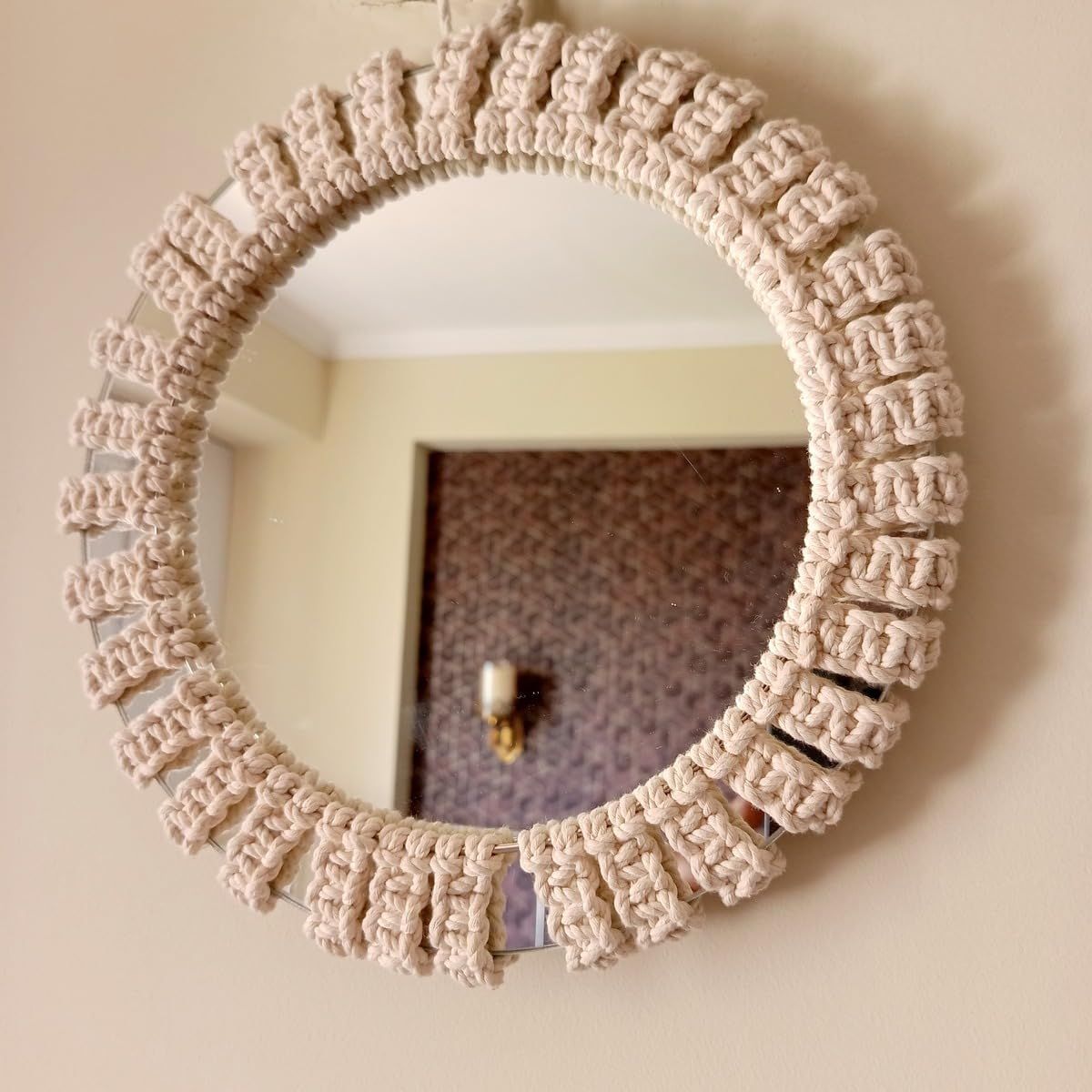 Royal Off-White Mandala Design Handmade Macrame Work Wall Mirror