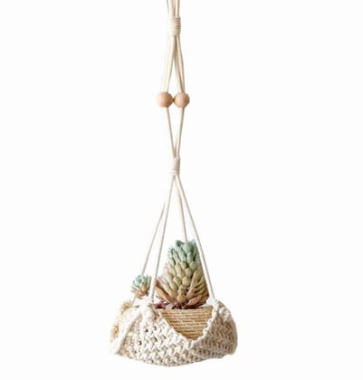 Art Tales Macrame Cotton Wall Hanging Mat Planter for Pots (12 x 12inch, Off White)