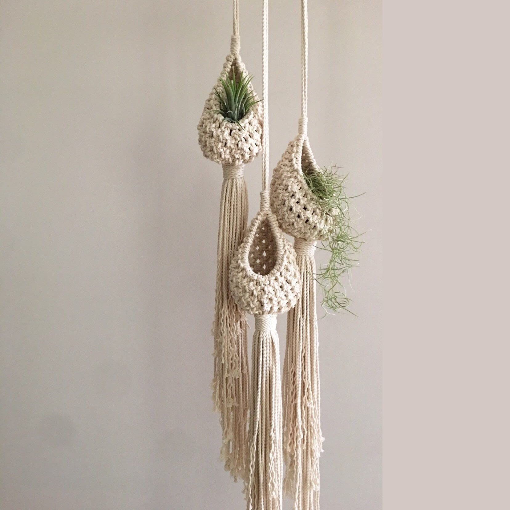 Macrame Handmade Small Indoor Plants Planters - Set of 3 (Off-White)