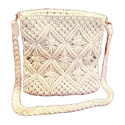 Off-White Cotton Unisex Handbag, Detachable Strap (Off-White) (Handamde) (Macrame)