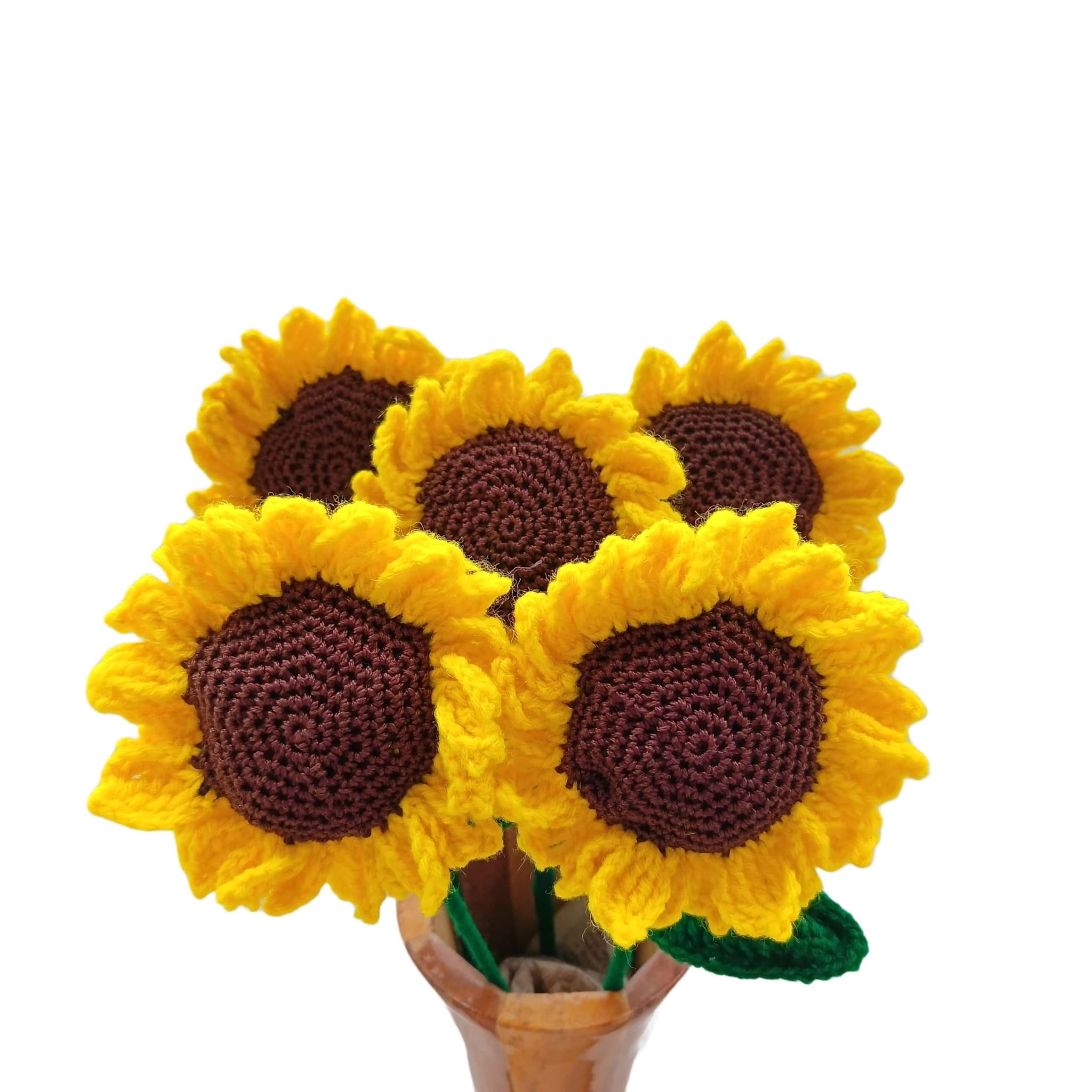 Handmade Forever Crochet Sunflower Bunch, handknitted Artificial Flower Bouquet (Set of 5) for wedding gift, Birthday Gift or Table decor or Home Decor