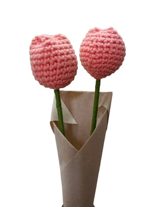 Artificial Tulip Crochet Flower Sticks, 2 Pcs, for Gifting, Home, Bedroom, Garden, Balcony, Office, Living Room, New Year, Wedding Decoration, (Peach)