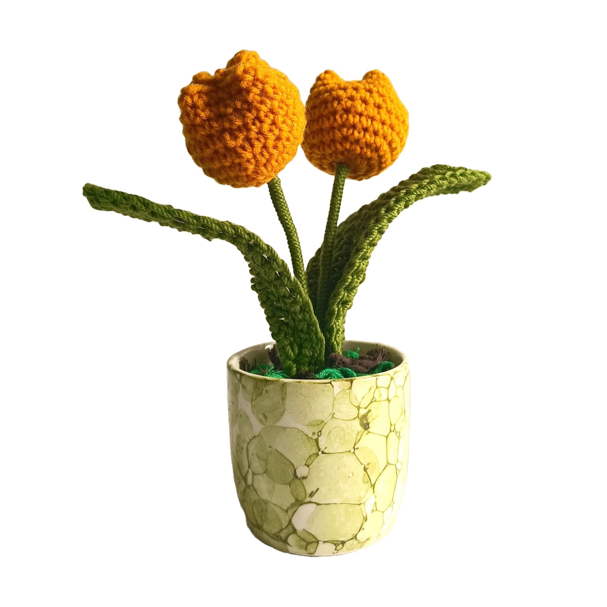 Handmade Tulip Flowers for Decor and Gift | Mustard Tulips Artificial Flower with Pot (7 inch, Pack of 2 Flowers)