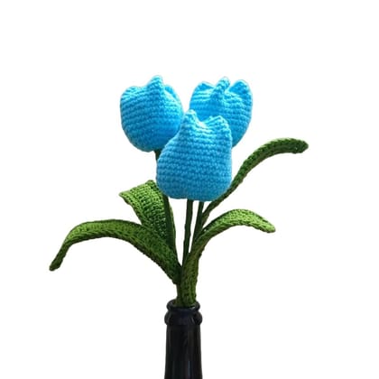 Beautiful Artificial Handmade Crochet Tulip Flower Bunch (3 Head Flower, 26 cm Total Height, Light/Blue/Cotton) for Gifting,Balcony,Office Corner,Living Room Decoration