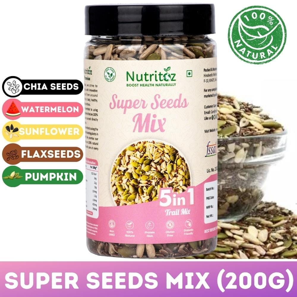 Nutritoz Premium 5 in 1 Super Seeds Mix Packed with Chia, Flax, Pumpkin, Sunflower & Watermelon Seeds| Nutrient Rich Protein, Fiber, Omega-3, Calcium, Iron and Antioxidants for Weightloss & Active Lifestyle.