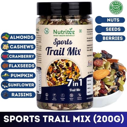 Nutritoz Premium 7 in 1 Sports Trail Mix with Almonds, Cashews, Sunflower, Pumpkin, Flax Seeds, Cranberries & Black Raisins with Protein, Fiber, Omega-3 for Energy, Weight Management & Healthy Lifestyle