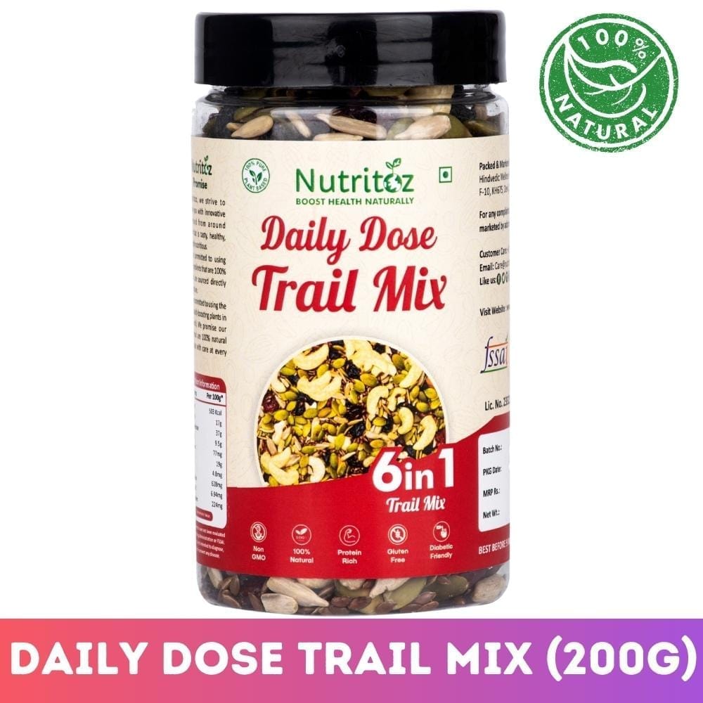 Nutritoz Premium 6 in 1 Daily Dose Trail Mix with Cashews, Sunflower, Pumpkin, Flax Seeds, Cranberries & Black Raisins with Protein, Fiber, Omega-3 for Energy, Healthy Lifestyle & Weight Management