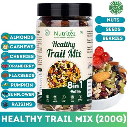 Nutritoz Premium 8 in 1 Healthy Trail Mix with Nuts, Seeds & Berries Packed with Nutrient-Rich Snack Blend with Protein, Fiber, Omega-3, Calcium, Iron and Antioxidants for Weight Management & Active Lifestyle.