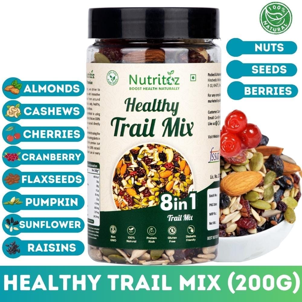 Nutritoz Premium 8 in 1 Healthy Trail Mix with Nuts, Seeds & Berries Packed with Nutrient-Rich Snack Blend with Protein, Fiber, Omega-3, Calcium, Iron and Antioxidants for Weight Management & Active Lifestyle.