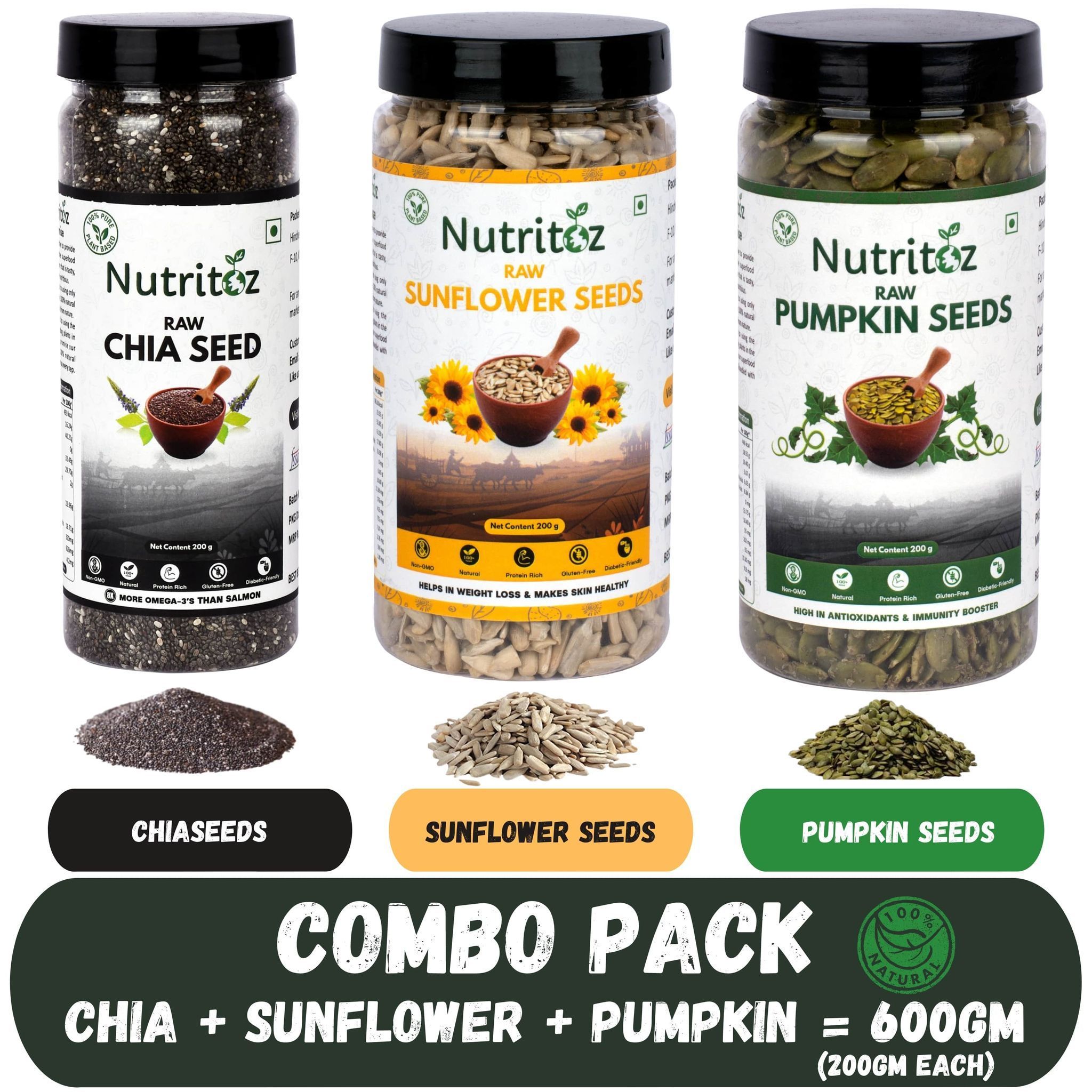 Nutritoz Raw Chia Seeds, Pumpkin Seeds, Sunflower Seeds Combo Loaded with Omega-3, Zinc, Fiber, Calcium, Protein for weight loss (600 g, Pack of 3)