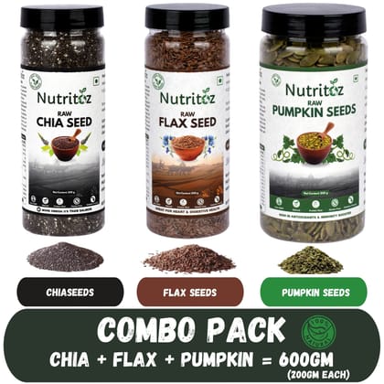 Nutritoz Natural Raw Chia Seeds, Flax Seeds, Pumpkin Seeds Combo Packs rich in Omega-3, Fiber, Minerals, Antioxidants.