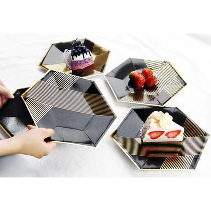 Black & Gold Hexa Shaped Plates 9" - 10PC