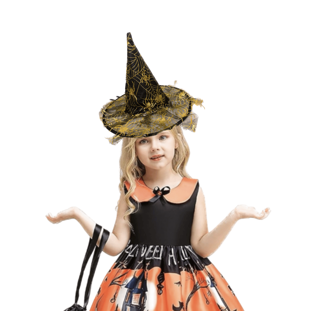 Spider Web Print Witch Hat with Netted Cobwebs