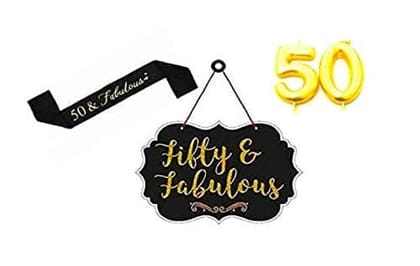 Wanna Party 50th Birthday with Hanging Banner, Sash & Candle (Black & Gold)