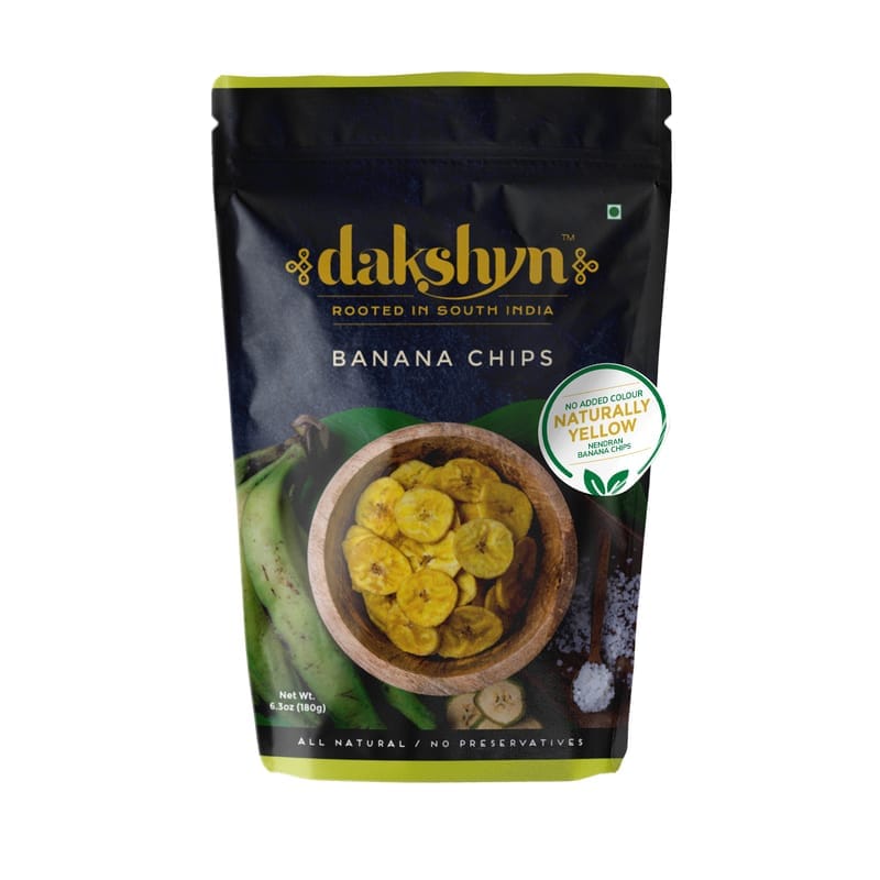 Dakshyn Banana Chips (180g x 4 pack) | Classic Salted | Less than 9% Oil | Made with Kerala Nendran Banana | Thin, Crispy & Naturally Yellow | South Indian Snacks