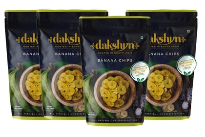 Dakshyn Banana Chips (180g x 4 pack) | Classic Salted | Less than 9% Oil | Made with Kerala Nendran Banana | Thin, Crispy & Naturally Yellow | South Indian Snacks