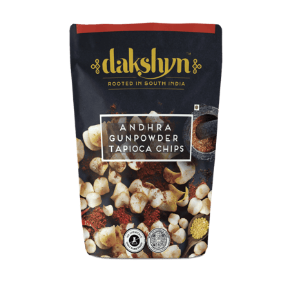 Dakshyn Andhra Gunpowder Tapioca chips (60g x 4 pack) | Kerala Cassava Chips in Spicy Andhra Gunpowder Podi | Premium South Indian Snacks