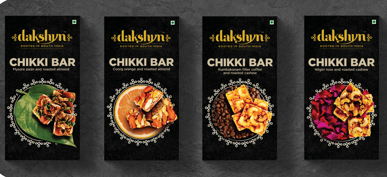 Dakshyn Chikki Bar Combo Box- Filter Coffee Cashew (35g x 3), Orange Almond (35g x 3), Paan Almond (35g x 3), Rose Cashew (35g x 3)