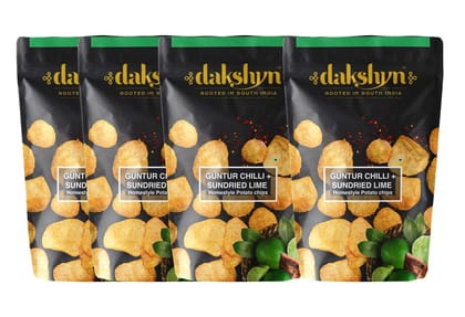 Dakshyn Homestyle Potato Chips - Guntur Chilli & Sundried Lime (60g x 4 pack) | "Narthangai" Citron Pickle | Premium South Indian Kettle Chips