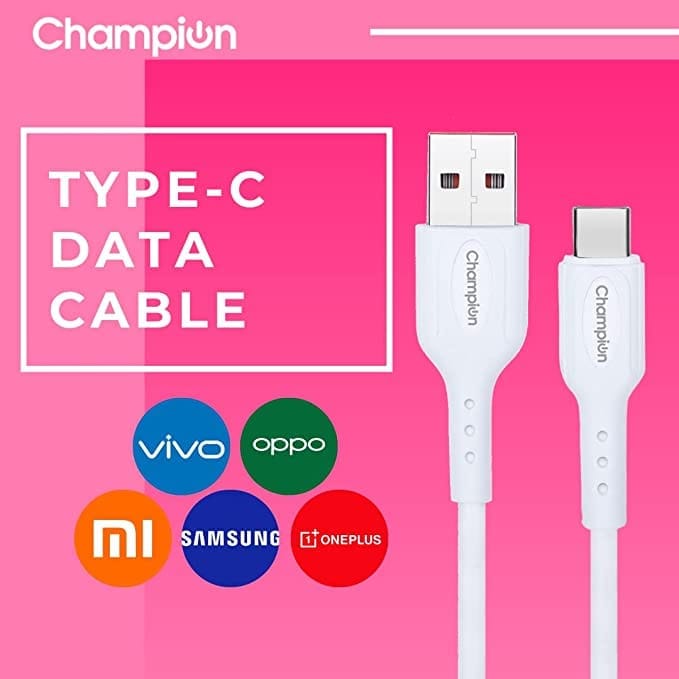 Champion USB to Type-C 3Amp Data Sync & Charging Cable PVC for all Android & USB Type-C Devices (White)