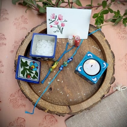 Jaipur Blue Pottery Bhai-Bhabhi Rakhi & Lumba Gift Hamper