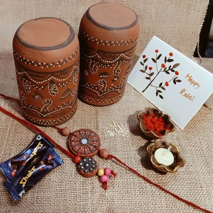 Kutch Painted Pottery Traditional Terracotta Craft Bhai Bhabhi Rakhi & Lumba Festive Gift Hamper