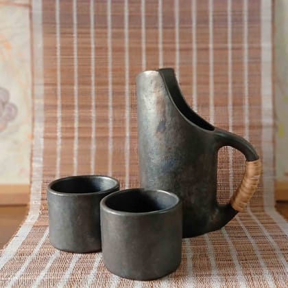 Longpi Black Pottery Jug & Tumblers Set