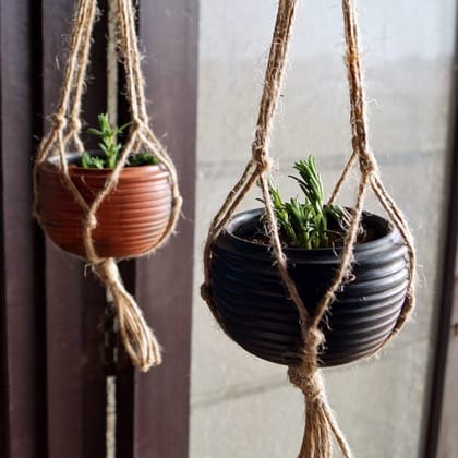 Reduction Fired Terracotta & Jute Hanging cum Desktop Planters Set of 2