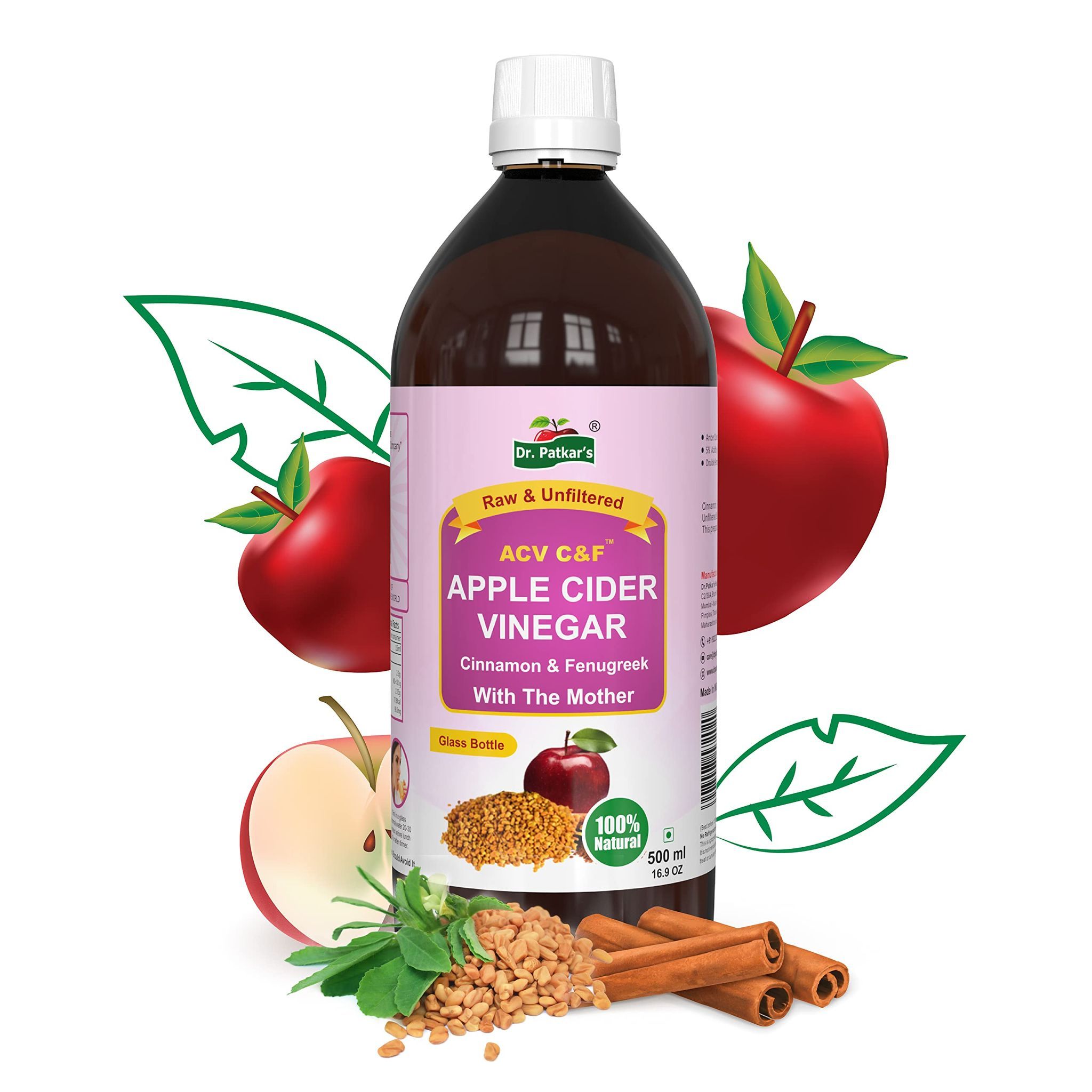 Dr. Patkar's Apple Cider Vinegar with Cinnamon & Fenugreek | Unfiltered & Undiluted | Suitable for Sugar & Diabetes Control with Improved Immunity & Lowers Bad Cholesterol (With Mother) 500ml