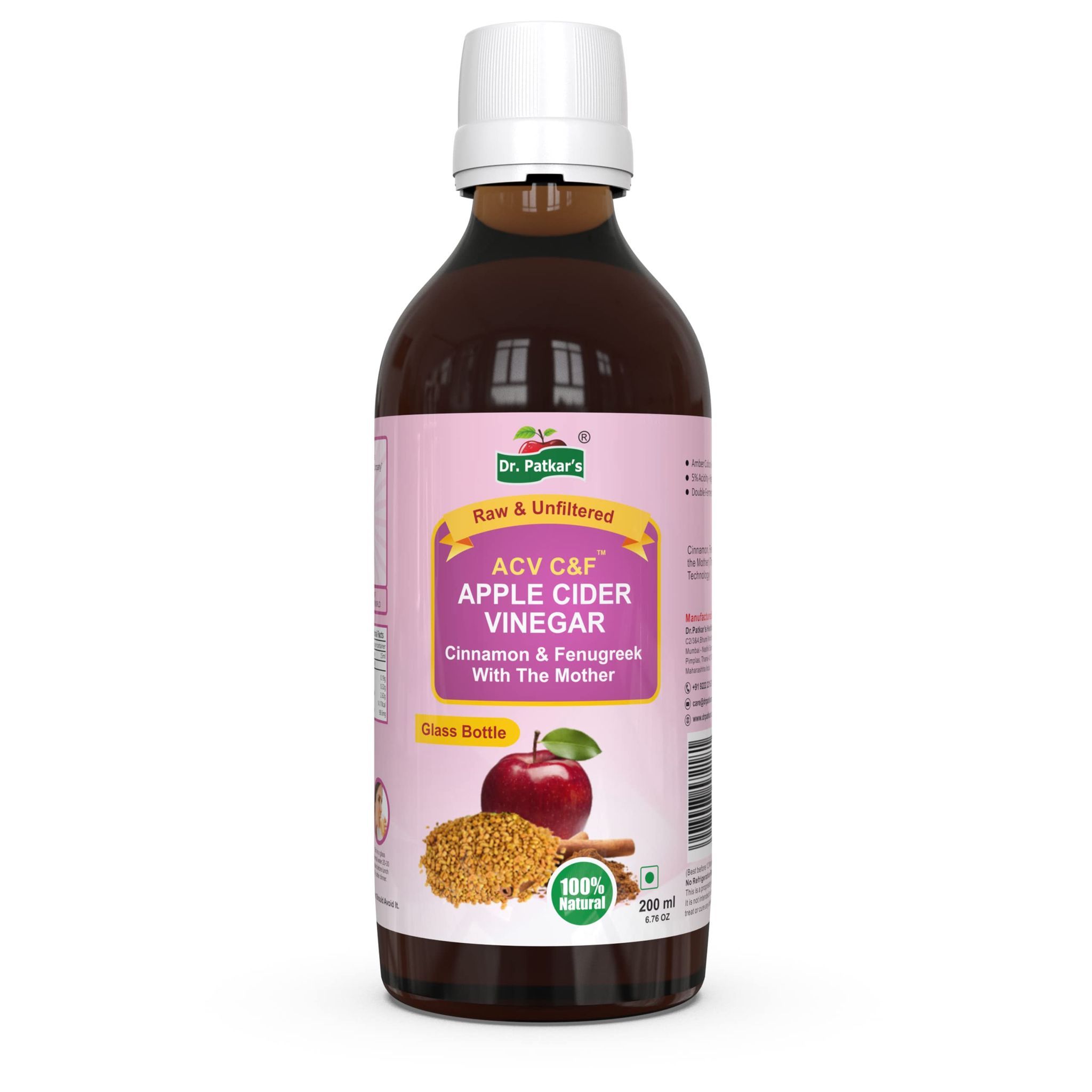 Dr. Patkar's Apple Cider Vinegar with Cinnamon & Fenugreek | Unfiltered & Undiluted | Suitable for Sugar & Diabetes Control with Improved Immunity & Lowers Bad Cholesterol (With Mother) 200ml