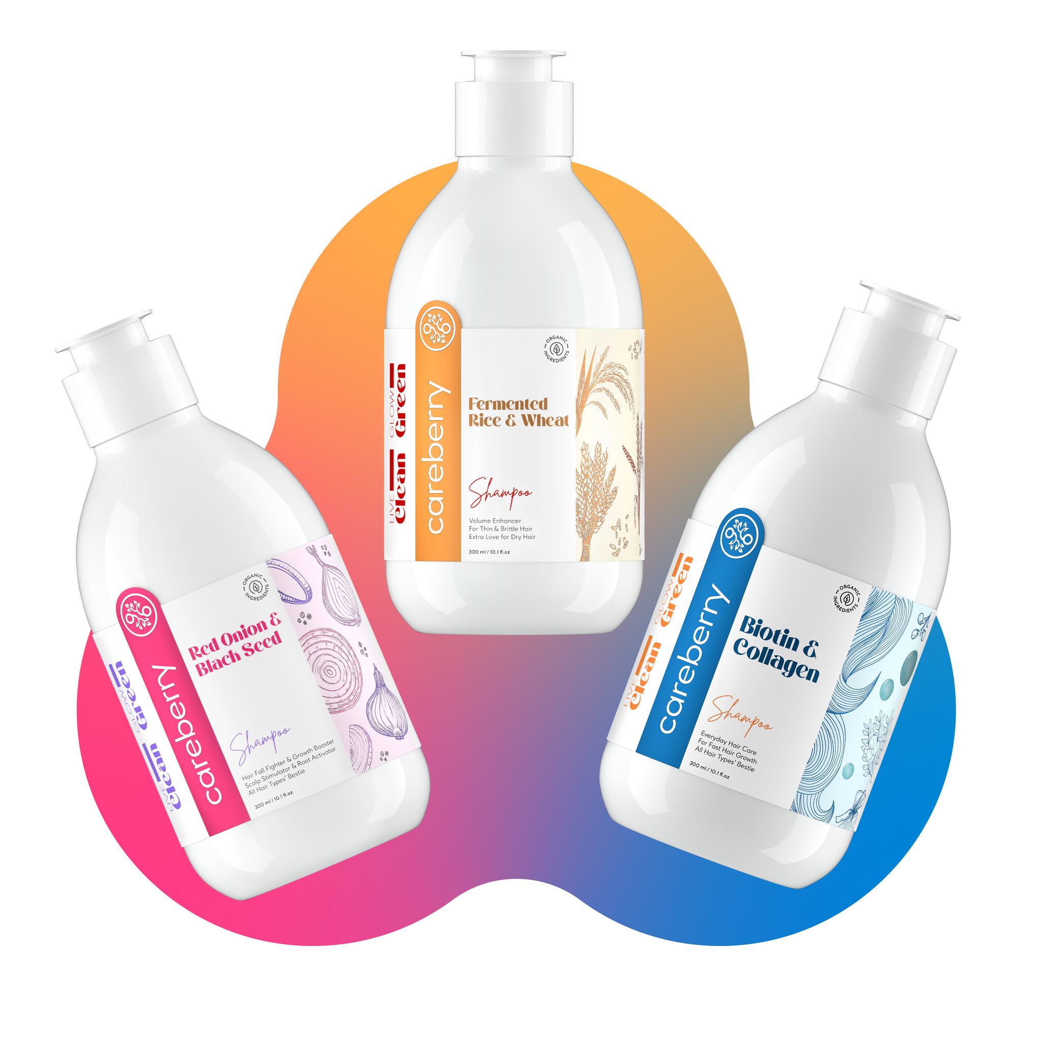 Careberry's Hair Squad: Biotin Boost, Rice Water's Volumize Vibes, Red Onion's Anti-Fall Power Trio (Pack of 3 300ml each)