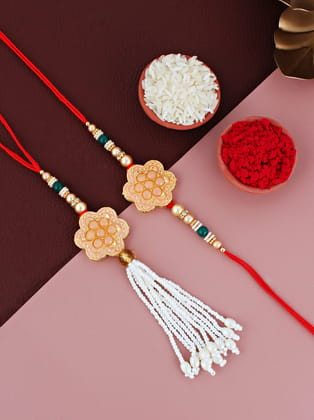 Lucky Jewellery Designer Peach Color Meena Rakhi - Rakshabandhan Rakhee with Pearl Lumba Bracelet for Brother/Bhaiya/Bhai/Bhabhi - Pack of 2 (130-JPCR1-1857-PH-2)