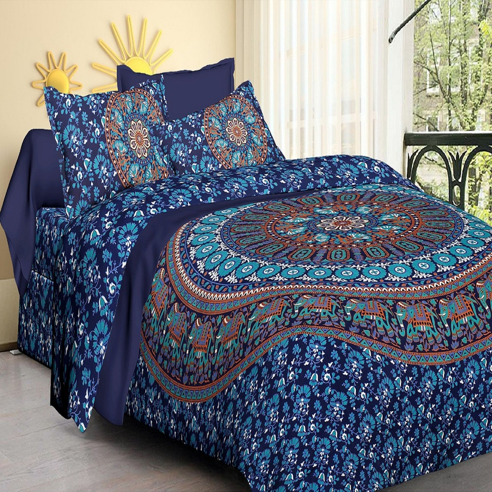 Mandala Print King Size (93x108 inches) Cotton Double Bedsheet with 2 Pillow Covers-(Mandala-Gaj)