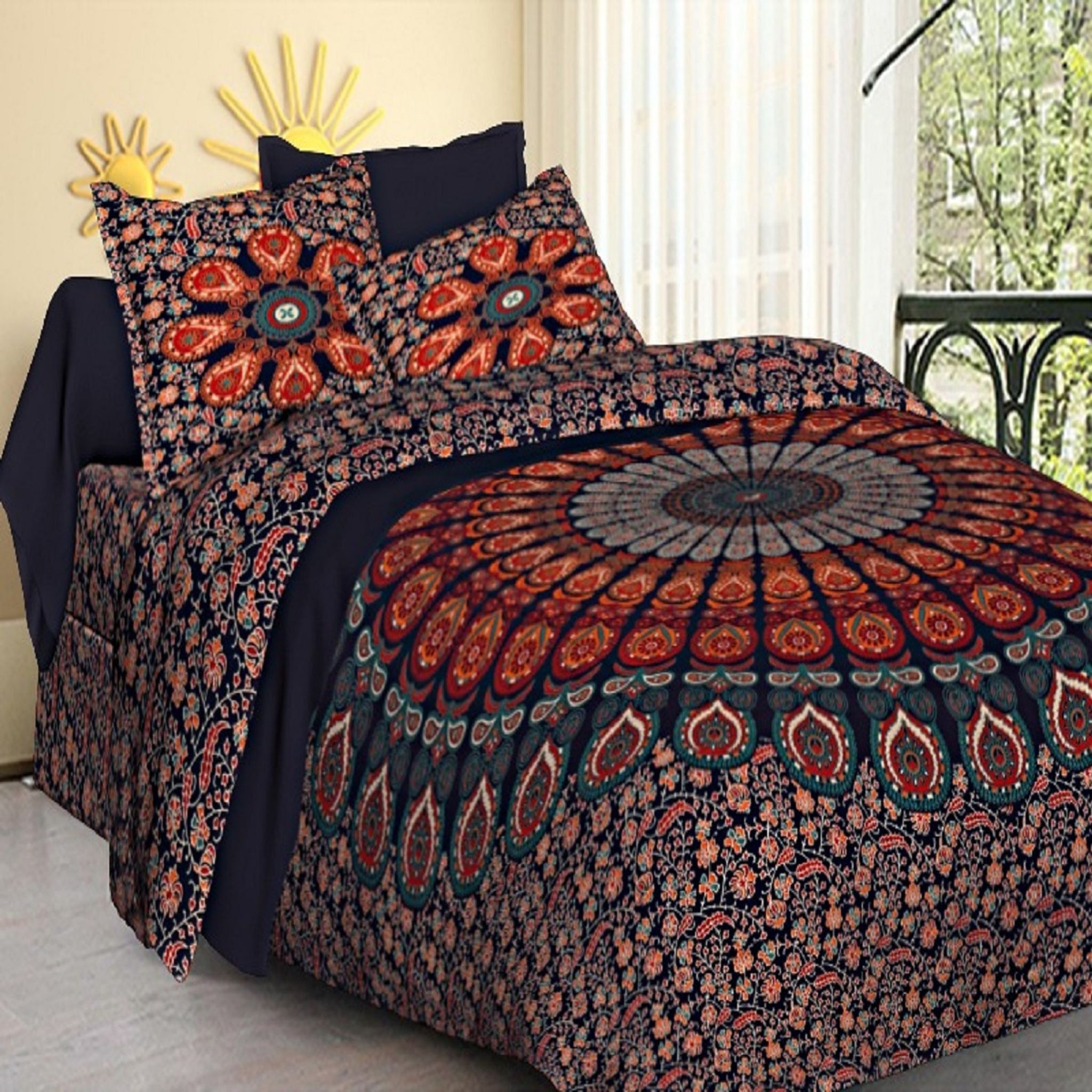 Mandala Print King Size (93x108 inches) Cotton Double Bedsheet with 2 Pillow Covers-(Mandala-Pankh)