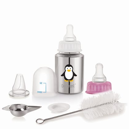 Dr.WaterR Stainless Steel Baby Feeding Bottle Kit 150ml Gift Set Pengiun character Printed, narrow neck  Infants 0-3 Years, Bottle for Milk, Water, Juice, Ideal for Home, Gifting, Birthday, Special Occasions