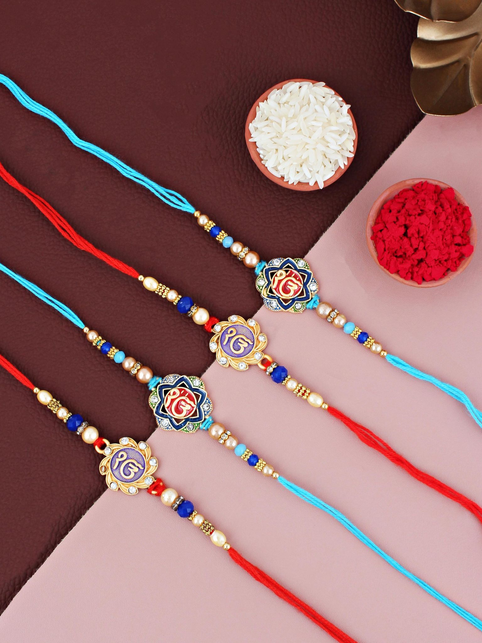 Lucky Jewellery Designer Meena Religious Rakhi - Rakshabandhan Ik Onkar Sikh Sardar Rakhee Bracelet for Brother/Bhaiya/Bhai/Bhabhi - Pack of 4 (230-S5R1-SIKH-4)