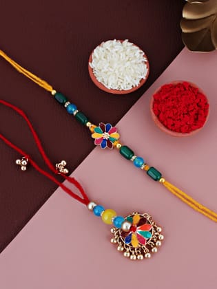 Lucky Jewellery Designer Gold Plated Multi Color Meenakari Rakhi - Rakshabandhan Rakhee with Tasseled Lumba Bracelet for Brother/Bhaiya/Bhai/Bhabhi - Pack of 2 (240-CHCR1-1146-MT-2)