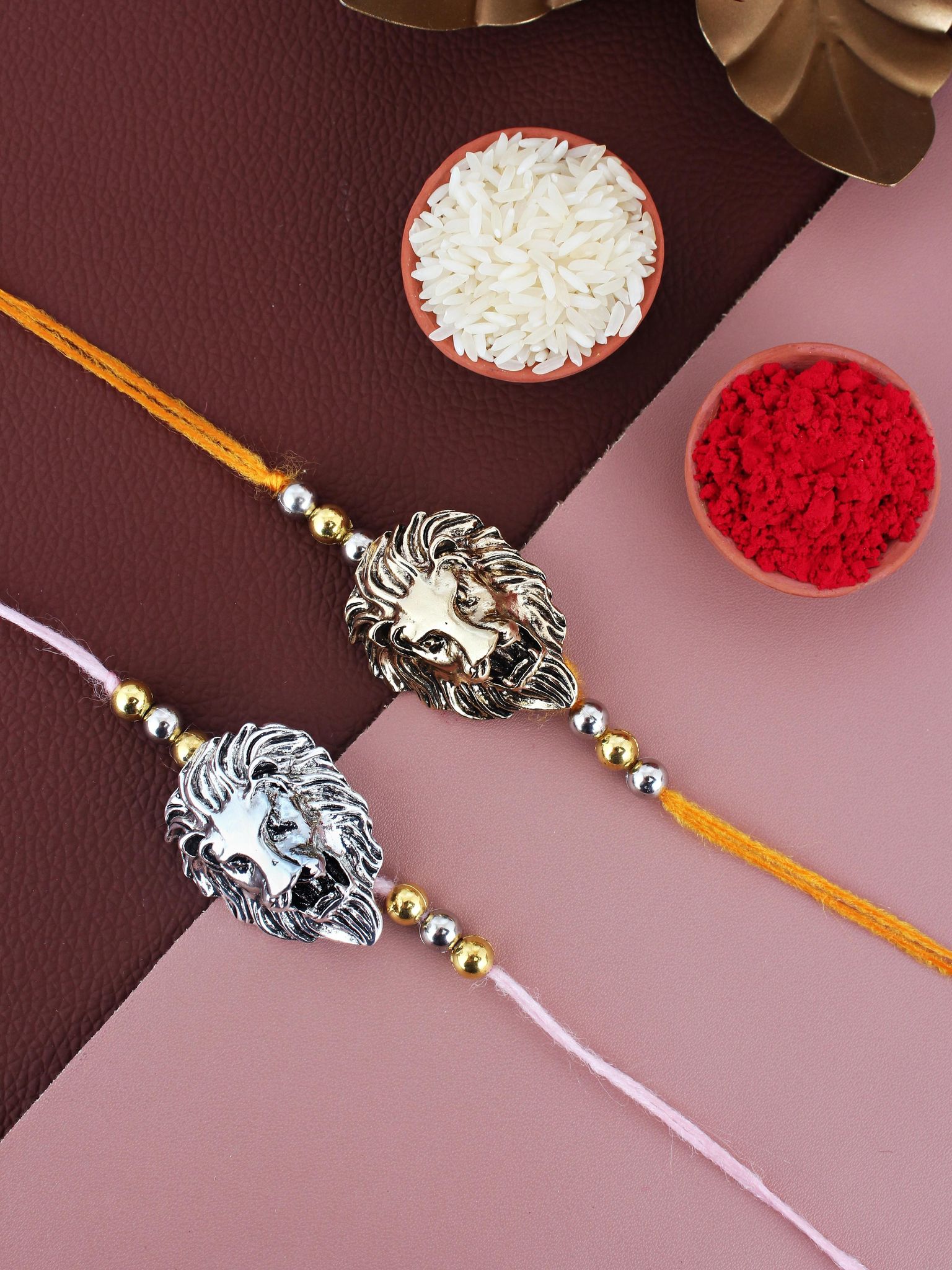 Lucky Jewellery Designer Oxidised Gold and Silver Rakhi - Rakshabandhan Lion Face Design Rakhee Bracelet for Brother Bhaiya Bhai Bhabhi - Pack of 2 (250-CHR1-1175-2)