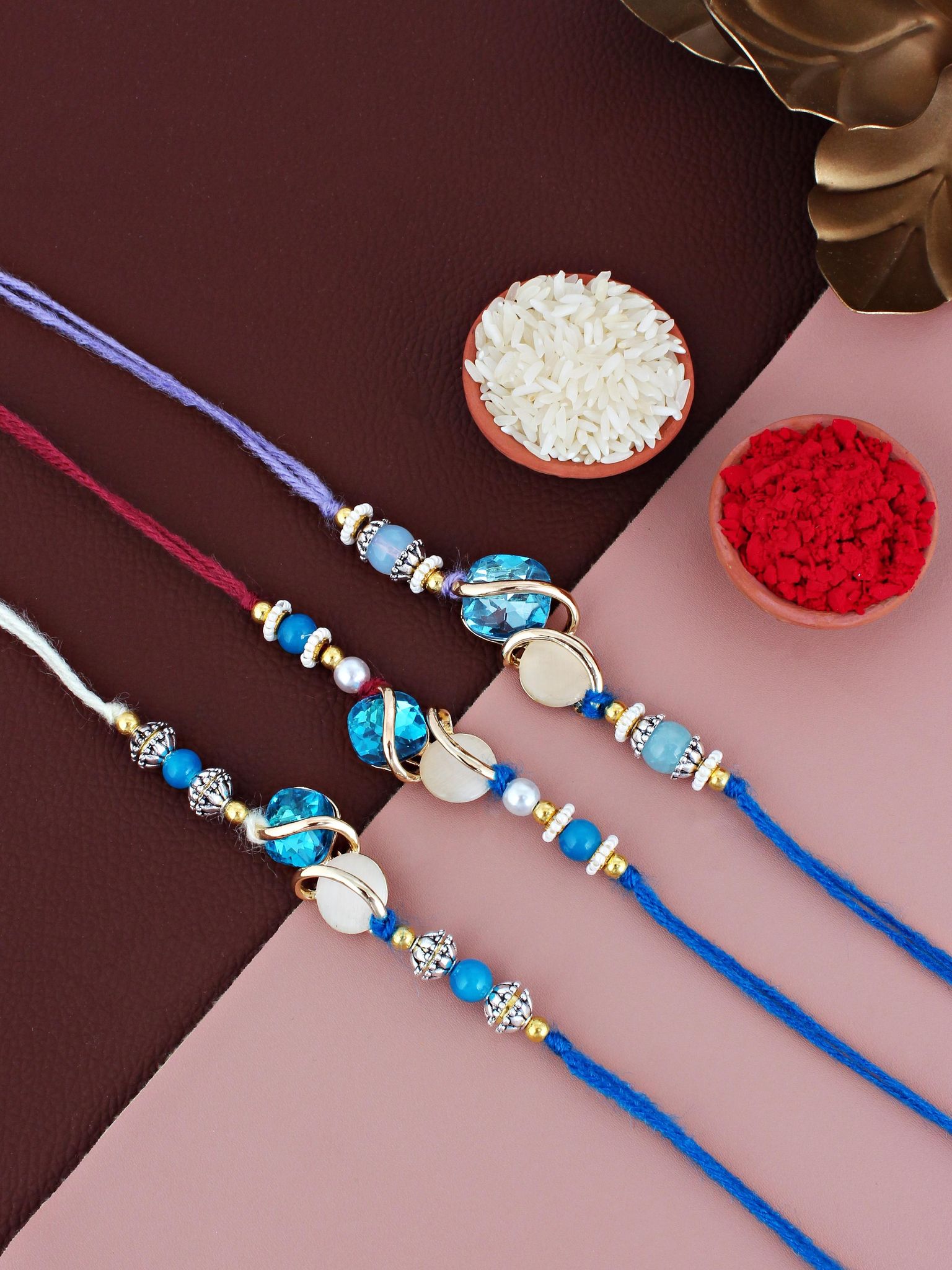 Lucky Jewellery Designer Gold Plated Blue Color Stone Rakhi - Rakshabandhan Rakhee Bracelet for Brother Bhaiya Bhai Bhabhi - Pack of 3 (300-CHR1-1002A-3)