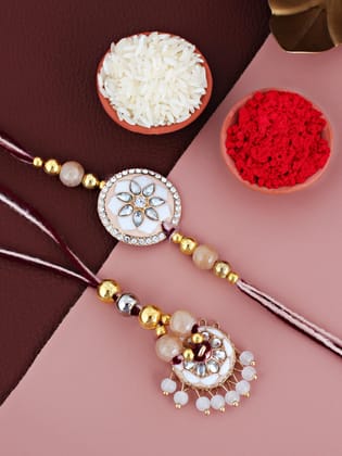 Lucky Jewellery Designer Gold Plated White and Peach Meena Stone Rakhi - Rakshabandhan Rakhee with Tasseled Lumba Bracelet for Brother Bhaiya Bhai Bhabhi - Pack of 2 (325-CHCR1-1152-W-2)