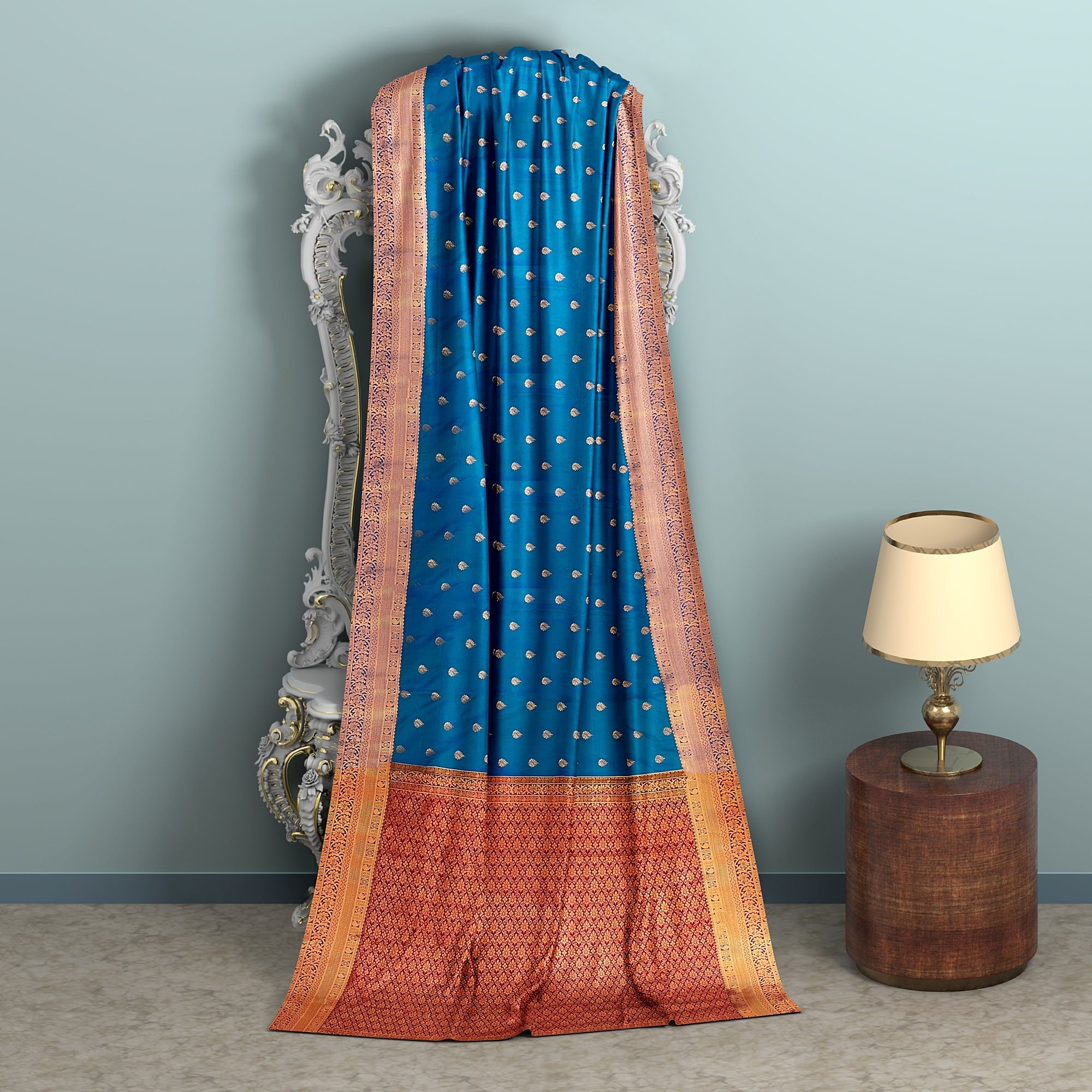 night blue with red color semi silk saree has 1000 buttas