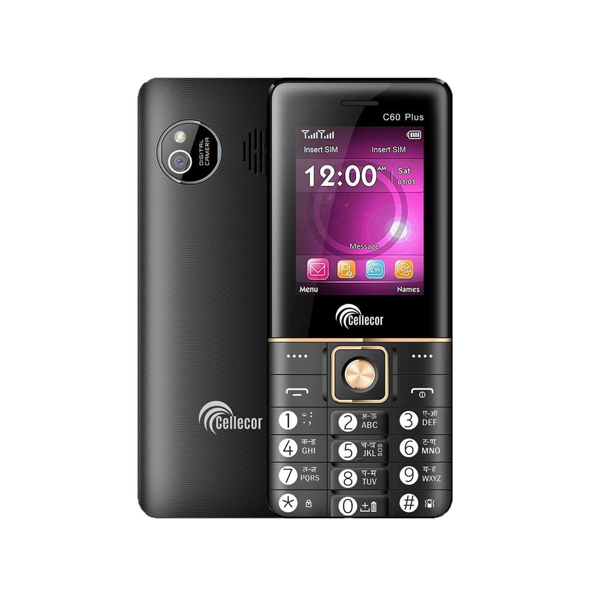 CELLECOR C60+ Dual Sim Feature Phone 2750 mAH Battery with Vibration, Mp3 & Mp4 Player, 3.5 mm Jack, Torch Light, Wireless FM and Rear Camera (2.4" Display) BLACK