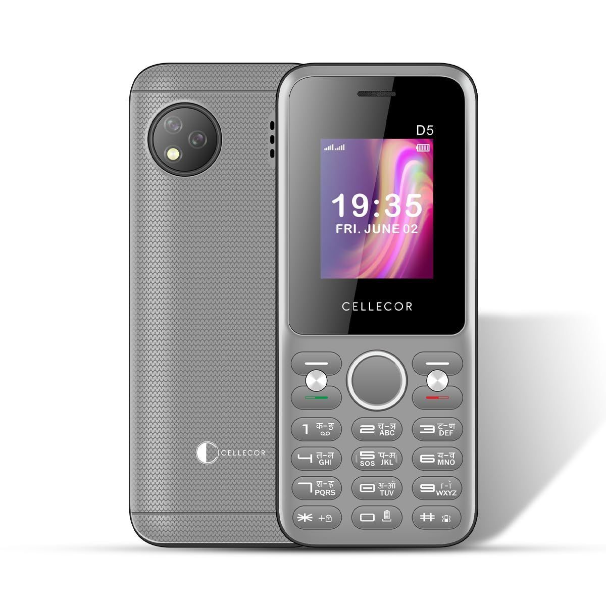 CELLECOR D5 Dual Sim Feature Phone with Big Battery 2750 mAH |Big Torch Light| Wireless FM| Rear Camera (1.8" Display) - GREY